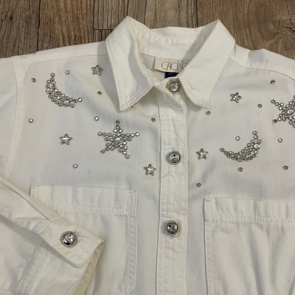 Cache White Cotton Celestial Rhinestone Moon Star Button Down Shirt Womens 12